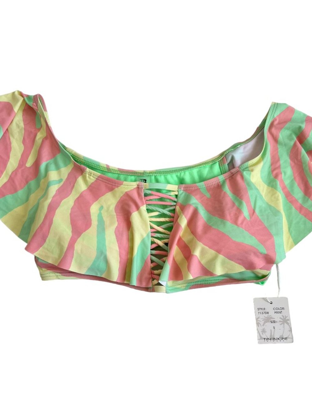 TiniBikini bikini top pastel yellow pink green camo animal print Small ruffle